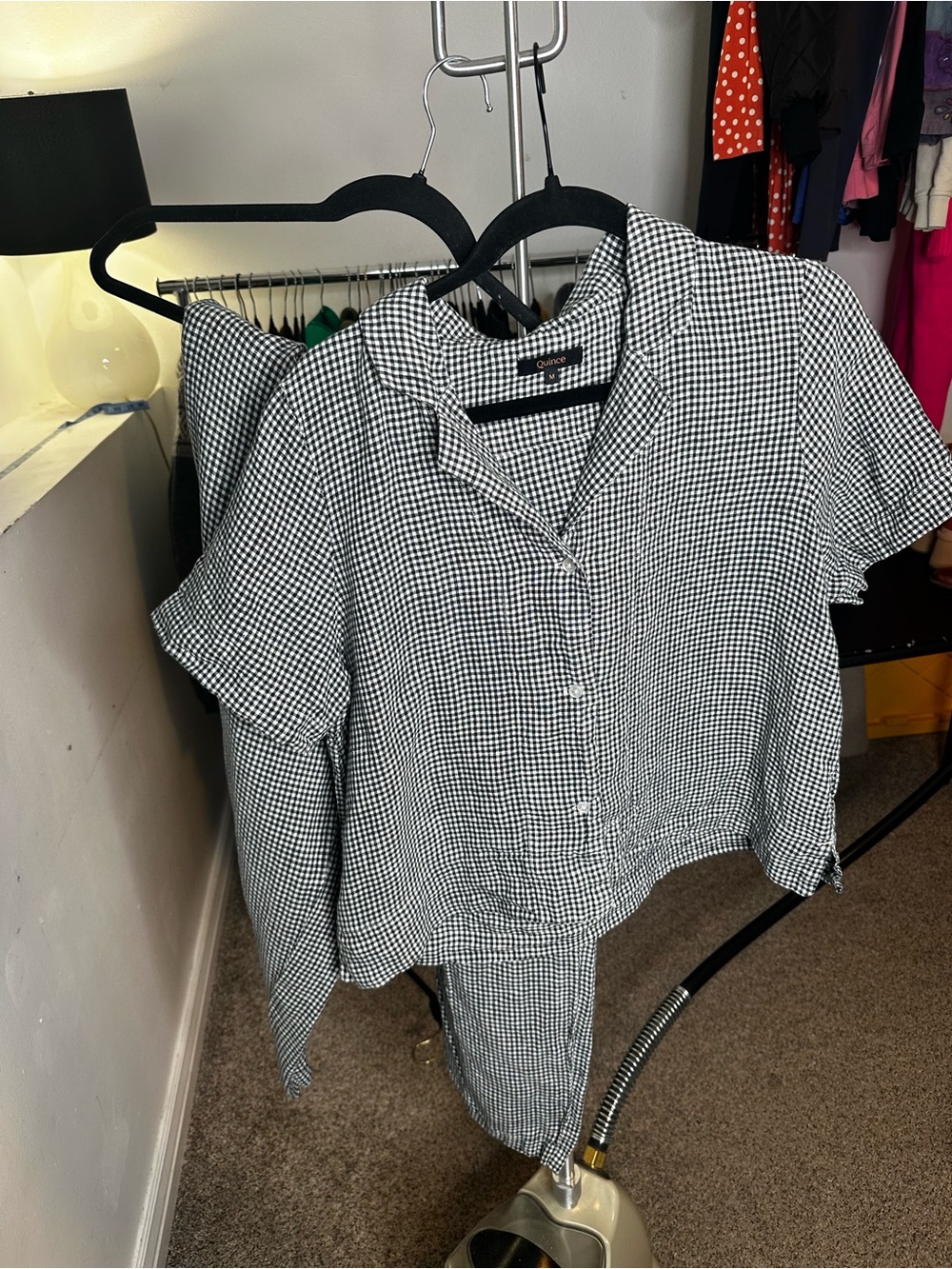SET ALERT!!Quince Black & White Gingham Short-Sleeve Button Front Top and pants